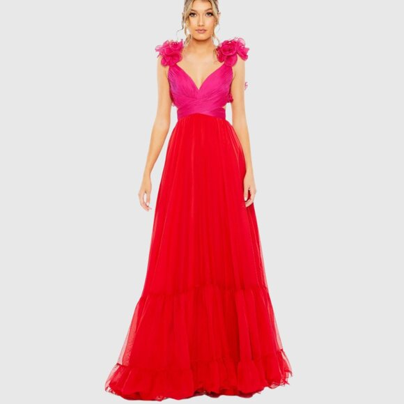 Mac Duggal 68522 Size 4 Pink Red Ruffled Tiered Cut Out Corset Back Chiffon Gown - Picture 2 of 4